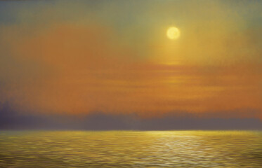 Naklejka na ściany i meble Digital oil paintings sea landscape, sunset over the sea, sunset on the beach. Artwork, fine art