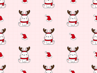 Rabbit Christmas cartoon character seamless pattern on pink background