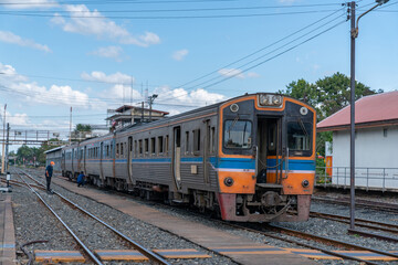 Fototapeta na wymiar Technicial railway under checking engine and railway work.