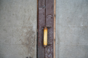 An old gray hut door and a bone handle.