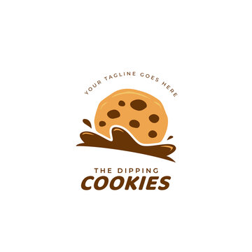 dipping chocochips cookies logo icon. chocolate chip cookie logo dip into chocolate cream logo illustration