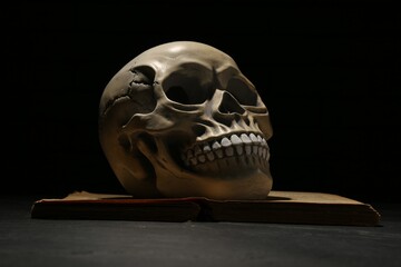 Human skull on old book against black background