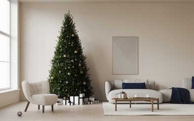 Cozy christmas living room decorated christmas pine tree, decorations, garlands, candles, beige sofa. gifts under the tree. Template, background for card. New Year celebration and xmas