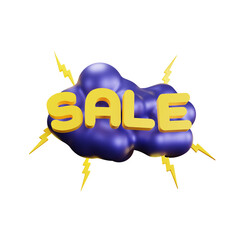 flash sale blue cloud and lightning comic bubble sticker 3d render