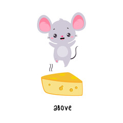 Little Mouse Jumping Above Cheese Slab as English Language Preposition for Educational Activity Vector Illustration