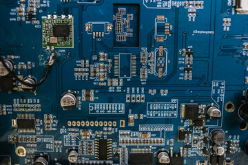 Electronic circuit boards with resistors, capacitors and transistors.