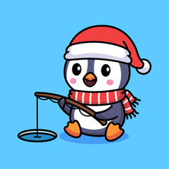 Penguin with Santa hat fishing