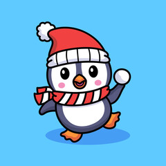 Penguin with Santa hat throwing snowball