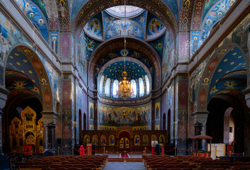 Interior of the Panteleimon Cathedral of the Christian New Athos Simon-Kananite Monastery in...