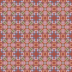 Seamless pattern with oriental motifs. Geometric floral design. Pink green and blue charcoal ornament. Modern boho clothing print.