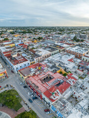 Aerial view of Campeche downtown at sunset. Campeche, Mexico. Panorama.