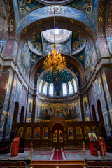 Fototapeta na wymiar Interior of the Panteleimon Cathedral of the Christian New Athos Simon-Kananite Monastery in Abkhazia, founded in 1875 and consecrated in 1900
