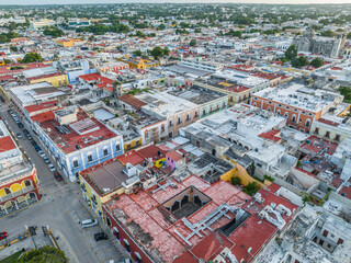 Aerial view of Campeche downtown at sunset. Campeche, Mexico. Panorama.