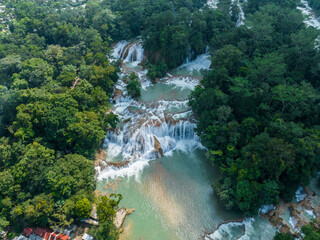 Aerial view of the waterfalls Agua Azul, Chiapas (Mexico). Panorama.