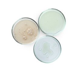 Petri dishes with different liquids on white background, top view