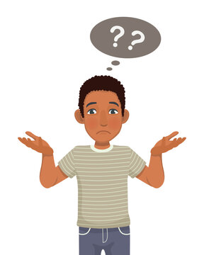 recommend clip art: young African man feeling confused, doubt and clueless showing I have no idea gesture, shrugging shoulders and raising hands with puzzled facial expression