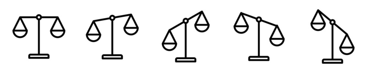 Conjunto de iconos de balanza. Concepto de justicia, peso, equilibrio, igualdad. Ilustración vectorial - obrazy, fototapety, plakaty