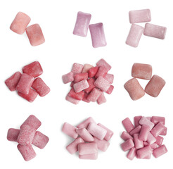 Set with different tasty chewing gums on white background, top view