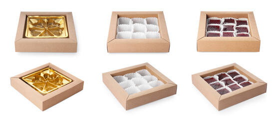 Set with full and empty candy boxes on white background. Banner design