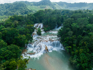 Aerial view of the waterfalls Agua Azul, Chiapas (Mexico). Panorama.