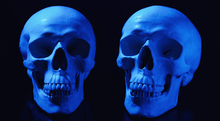 Two blue human skulls on black background