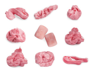 Set with used chewing gums and new ones on white background - obrazy, fototapety, plakaty