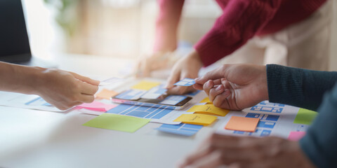 Fototapeta premium Group of UX UI or designers working to create content of mobile applications. Creative digital development agency concept