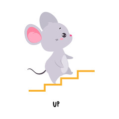 Little Mouse Walking Up Staircase as English Language Preposition for Educational Activity Vector Illustration
