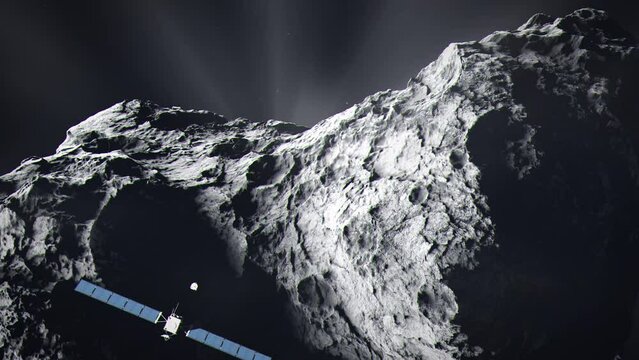 Medium Shot of Comet 67P as the Rosetta Spacecraft Approaches and the Philae Lander Separates