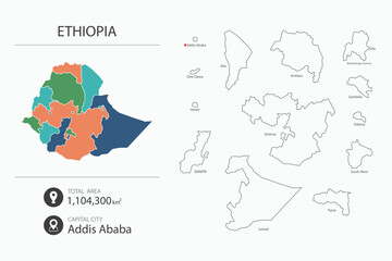 Naklejka premium Map of Ethiopia with detailed country map. Map elements of cities, total areas and capital.