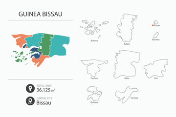 Fototapeta premium Map of Guinea Bissau with detailed country map. Map elements of cities, total areas and capital.