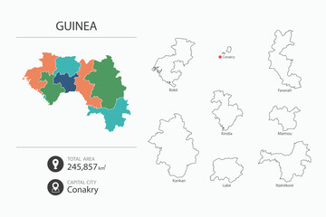 Map of Guinea with detailed country map. Map elements of cities, total areas and capital.