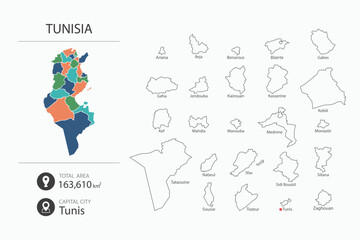 Map of Tunisia with detailed country map. Map elements of cities, total areas and capital.
