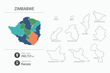 Map of Zimbabwe with detailed country map. Map elements of cities, total areas and capital.