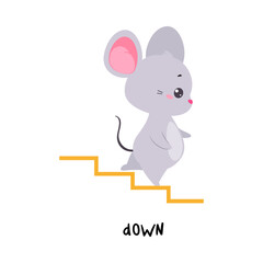 Little Grey Mouse Walking Down Staircase as English Language Preposition for Educational Activity Vector Illustration