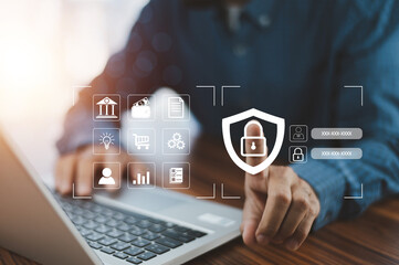 Businessman using password for cybersecurity concept Global network security technology, business people protect personal information. Encryption with a padlock icon on the virtual interface.