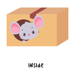 Little Mouse Sitting Inside Cardboard Box as English Language Preposition for Educational Activity Vector Illustration