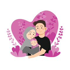Vector illustration of a family consisting of a father, mother and baby with a love background and a plant in the shape of love.