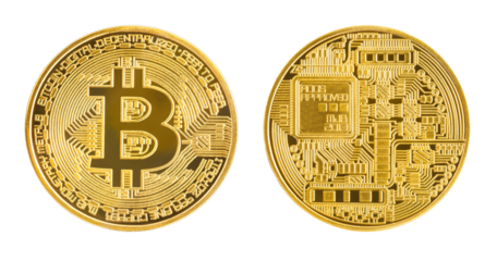 Close up golden coin with bitcoin symbol isolated on white background