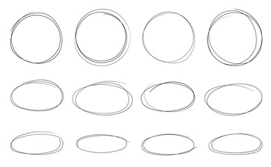 Hand drawn circle, ellipse and lower degree ellipse. Set of doodle of ovals and bubbles. 