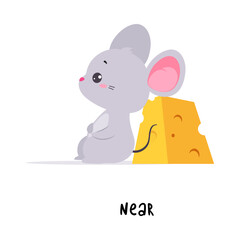 Little Mouse Sitting Near Yellow Cheese Slab as English Language Preposition for Educational Activity Vector Illustration