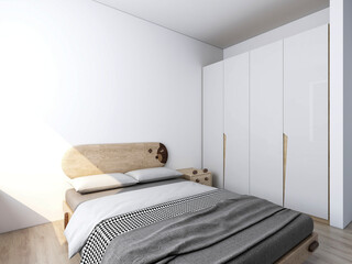 3D rendering, clean and tidy Nordic style bedroom design