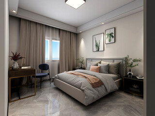 3D rendering, clean and tidy Nordic style bedroom design