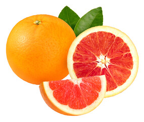Fresh Grapefruit with leaf isolated on white background, Fresh Orange on White Background PNG file.
