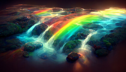 Obraz na płótnie Canvas The water flows down from the rocks, the sunlight hits the water creating a rainbow with Generative AI