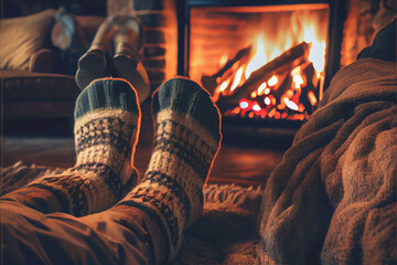 Fototapeta na wymiar Couple resting by the Christmas fireplace. Winter and Christmas holidays concept.