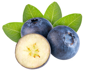 Obraz premium Blueberries fruit with leaf on white background, Fresh Blueberry on White Background PNG File.