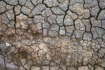 Dry soil surface with deep cracks textured background. Dried and cracked soil. Climate change. Desertification. Cracked earth, Texture of grungy Dry cracking parched earth. Global warming effect.