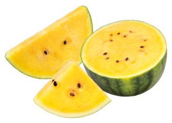 Sweet Yellow Watermelon on white background, Yellow watermelon with Slices on white background PNG File.
