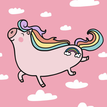 Unicorn on pink sky seamless cartoon vector illustration